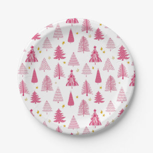 Plato De Papel Árbol de vacaciones de Navidades rosados