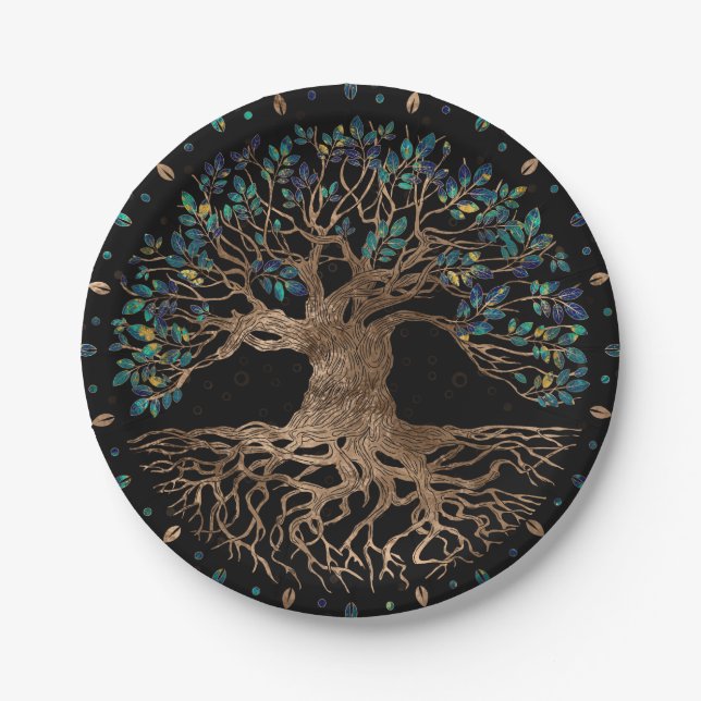Plato De Papel Árbol de vida - Ornamento Yggdrasil de oro y mármo (Anverso)