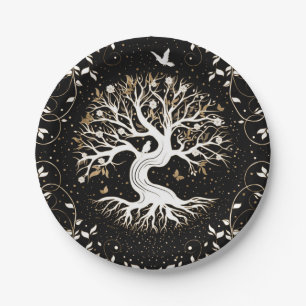 Plato De Papel Árbol de vida - Yggdrasil - blanco negro y oro