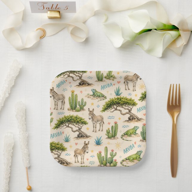 Plato De Papel árbol divi de Aruba, burro, iguana, cactus (Boda)