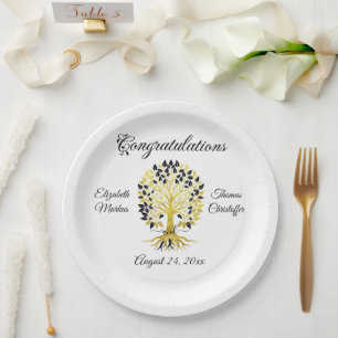 Plato De Papel Árbol dorado de vida Boda sofisticado y atemporal