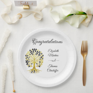 Plato De Papel Árbol dorado de vida Boda sofisticado y atemporal