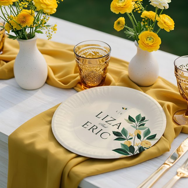 Plato De Papel Árbol floral de flores de limón Boda amarillo eleg (Lemon Blossom Floral Tree Elegant Yellow Wedding Paper Plates)