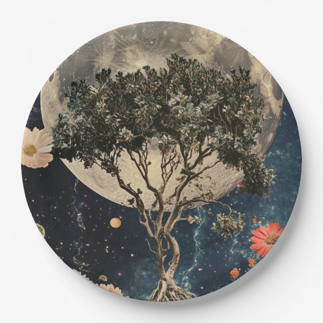 Plato De Papel Árbol iluminado y flores (Anverso)