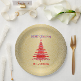 Plato De Papel Árbol navideño moderno oro rojo