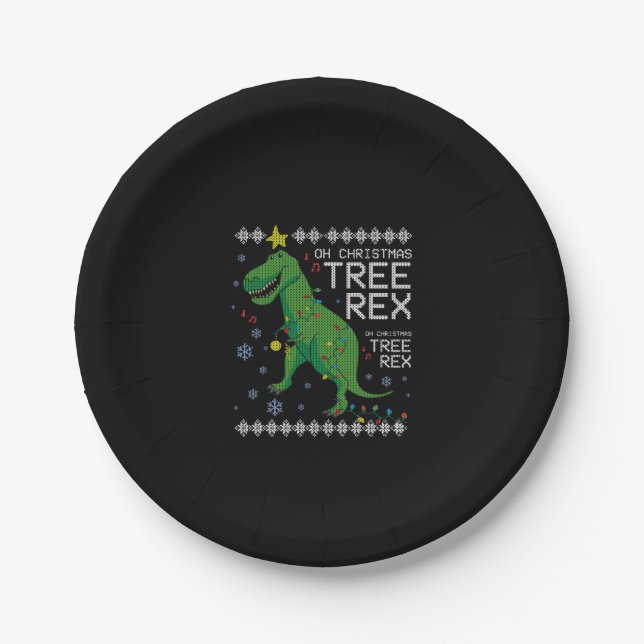 Plato De Papel Árbol Rex Navidades feos Sweater Dino T-rex Funny  (Anverso)