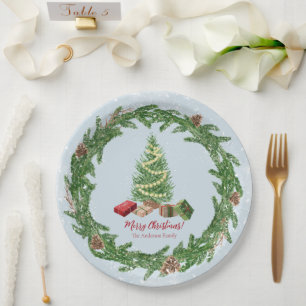 Plato De Papel Árbol y regalos de Navidad nevados de color acuáti