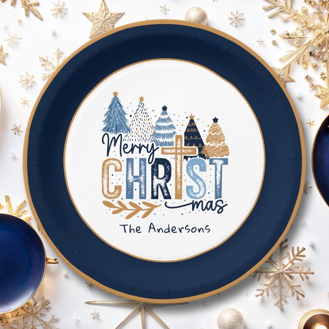 Plato De Papel Árboles azules de la marina cristiana nombran Navi (Christian Navy Blue Trees Name Modern Christmas Paper Plates)