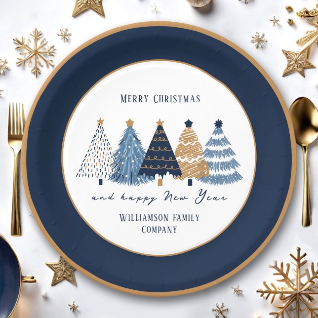 Plato De Papel Árboles azules de la marina Mensajes de texto Navi (Navy Blue Trees Taxt Modern Christmas Holiday Paper Plates)