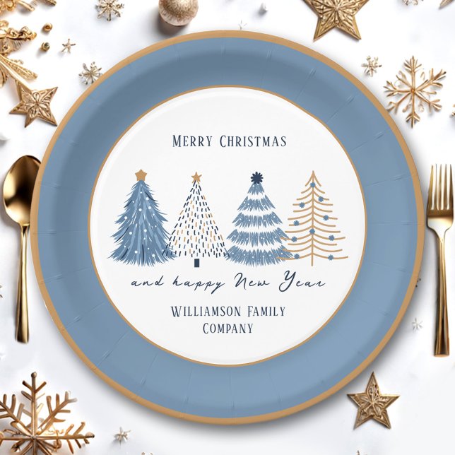 Plato De Papel Árboles azules nombre de texto moderno Navidades v (Blue Trees Modern Text Name Christmas Holiday Paper Plates)