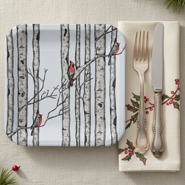 Plato De Papel Árboles de aves azules modernos y aves cardinales  (Modern Red Cardinal & Birch Tree Winter Paper Plates. Simple Elegant Birch Trees for Christmas Party)