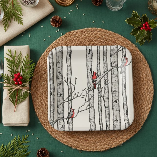 Plato De Papel Árboles de marfil modernos y aves cardenales rojas (Modern Red Cardinal & Birch Tree Winter Paper Plates. Simple Elegant Birch Trees for Christmas Party)