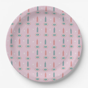 Plato De Papel Árboles de Navidad Copos de Nieve Rosa Verde