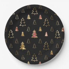 Plato De Papel Árboles de Navidad de metal falso negro y dorado p