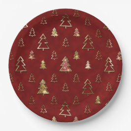Plato De Papel Árboles de Navidad de metal falso rojo y dorado pa