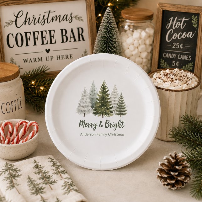 Plato De Papel Árboles de Navidad Merry & Bright  (Pine trees-Merry and Bright-family name paper plates )