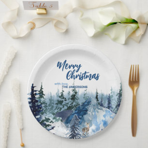 Plato De Papel Árboles de Navidad modernos azules bosque reno