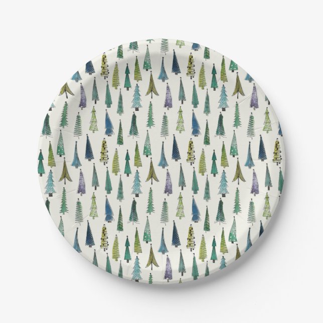 Plato De Papel Árboles de Navidad modernos patrón ilustrado (Anverso)