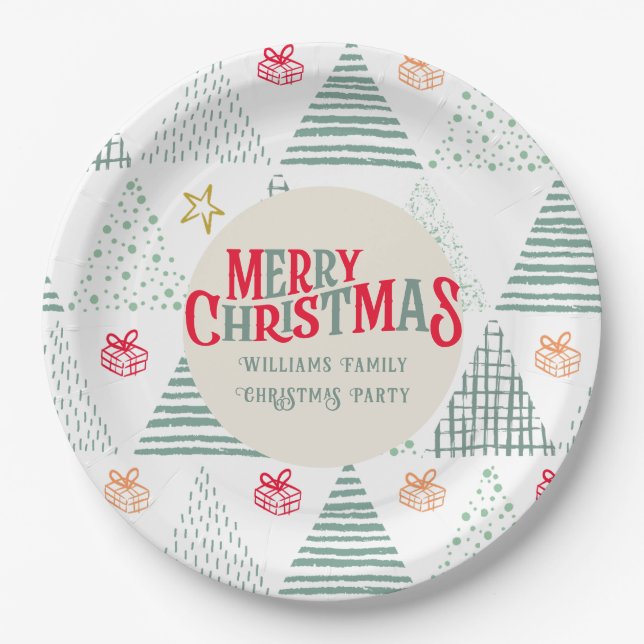 Plato De Papel Árboles de Navidad retro verde resumen moderno úni (Anverso)