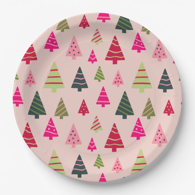 Plato De Papel Árboles de Navidad rosas y verdes (Anverso)
