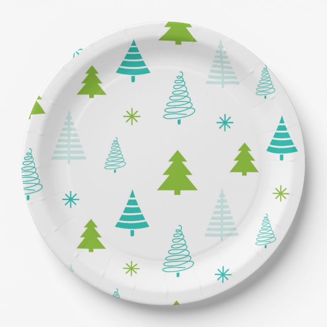 Plato De Papel Árboles de Navidad simples modernos verde teal (Anverso)