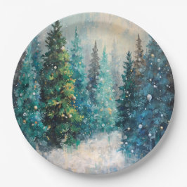 Plato De Papel Árboles de Navidad verdes Bosque de invierno