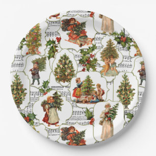 Plato De Papel Árboles de Navidad victorianos, Holly y música