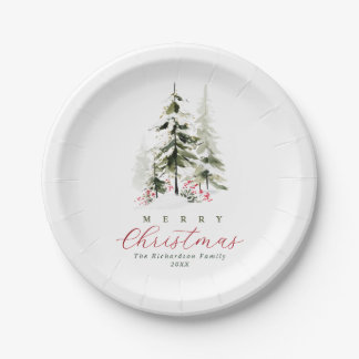 Plato De Papel Árboles de Pino Acuarela Rústica Navidad Personali