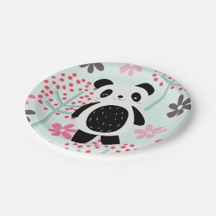 Plato De Papel Árboles, flores y osos panda
