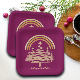 Plato De Papel Árboles frutales del arcoiris del oro festivo