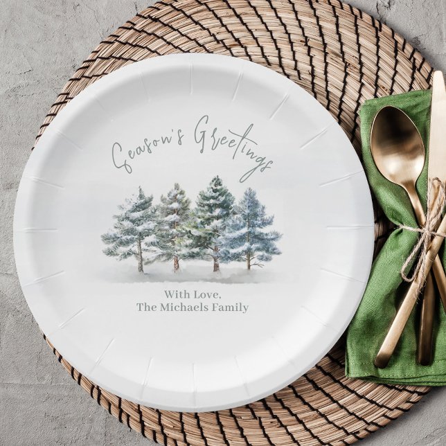 Plato De Papel Árboles navideños de acuarela de temporada (Season's Greeting Custom party paper plate. )