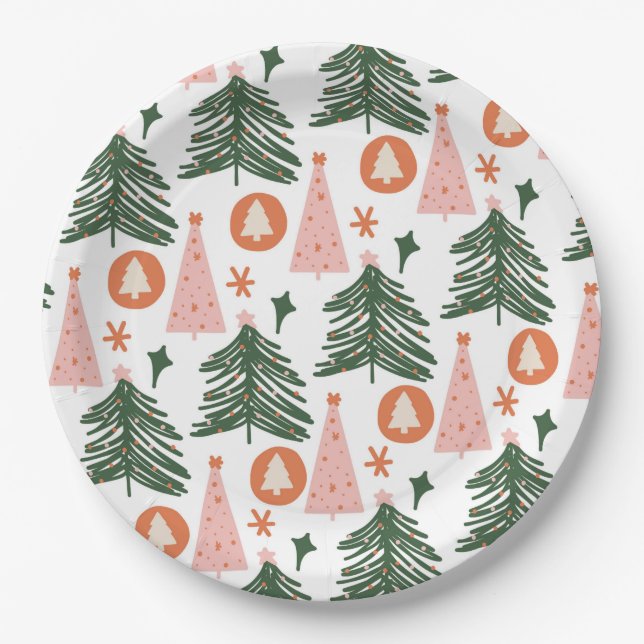 Plato De Papel Árboles navideños del Naranja rosa verde boho (Anverso)