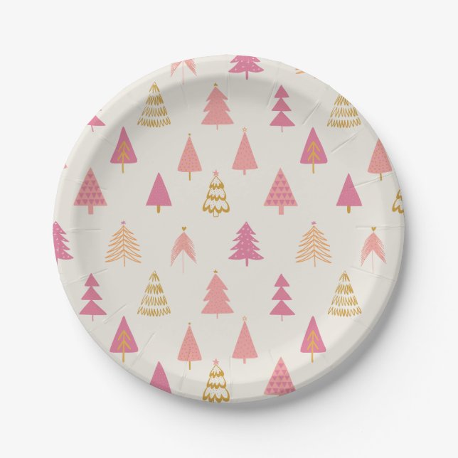Plato De Papel Árboles navideños rosados y dorados (Anverso)