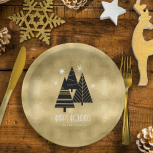 Plato De Papel Árboles navideños y copos de nieve Gold ID863