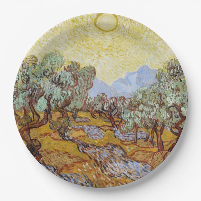 Plato De Papel Árboles olivos con cielo y sol amarillos (Anverso)