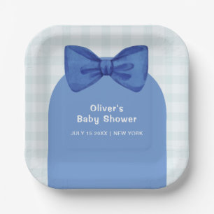 Plato De Papel Arco azul Cute Gingham Plaid Bow Boy Baby Shower