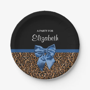 Plato De Papel Arco azul elegante y nombre del estampado leopardo