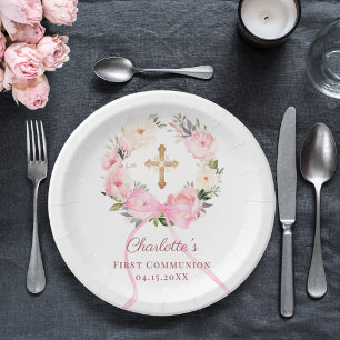 Plato De Papel Arco de corona floral rosa Primera Comunión