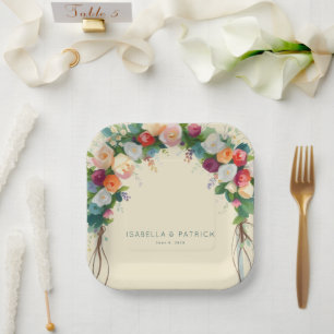 Plato De Papel Arco floral acuarela crema romántico