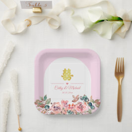 Plato De Papel Arco floral blanco rosado boda chino