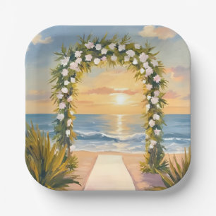 Plato De Papel Arco Floral de Acuarela para Boda en la Playa