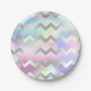 Plato De Papel Arco iris azul rosado olográfico Chevron del