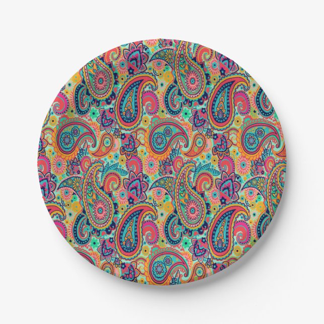 Plato De Papel Arco iris brillante Paisley (Anverso)
