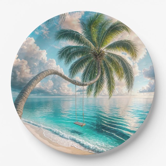 Plato De Papel Arco Tropical Colgado Del Árbol De Palma (Anverso)