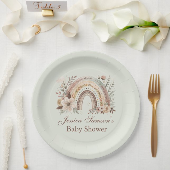 Plato De Papel Arcoiris Boho Y Flores Placa De Papel Baby Shower (Boda)