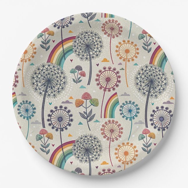 Plato De Papel Arcoiris caprichoso y candeliones botánicos (Anverso)