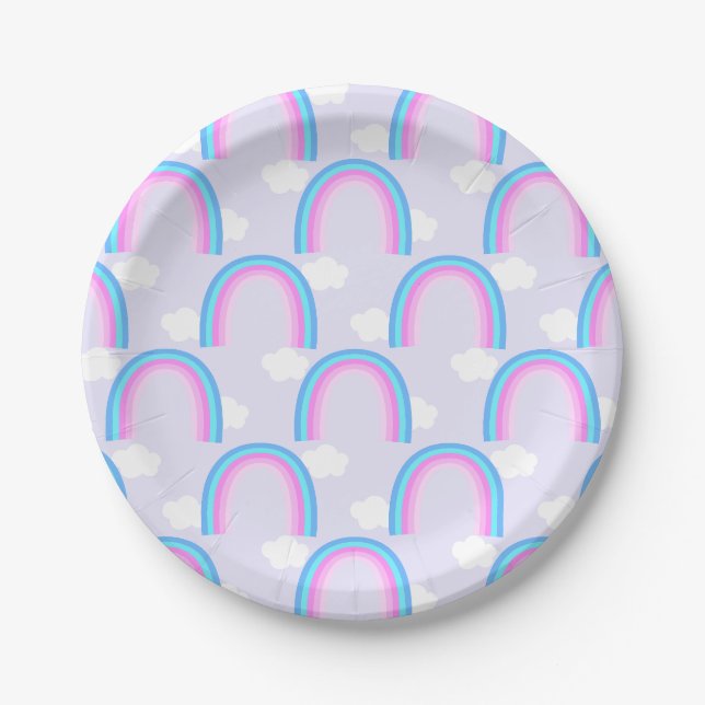 Plato De Papel Arcoíris con Nube Rosa Claro (Anverso)