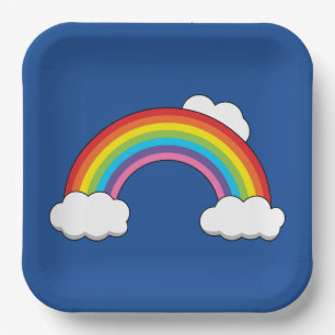 Plato De Papel Arcoiris con nubes blancas