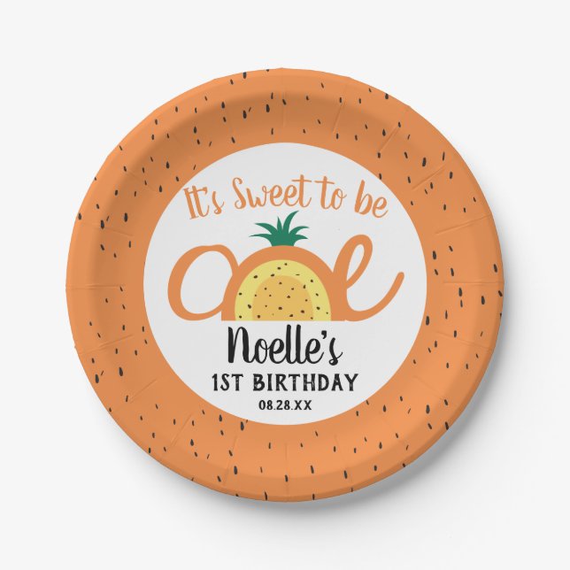 Plato De Papel Arcoiris de piña, dulce de ser uno, primer cumplea (Anverso)