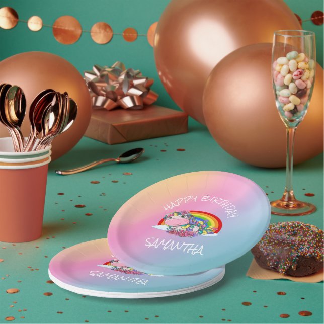 Plato De Papel Arcoiris Fiesta de unicornio (Multi)